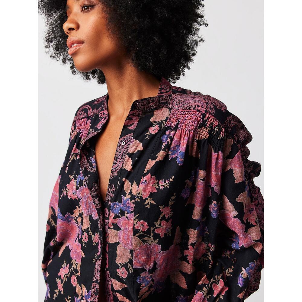 Free People Maraya Top Womens Size Large Black Combo Mixed Floral Puff Sleeves - Picture 4 of 11